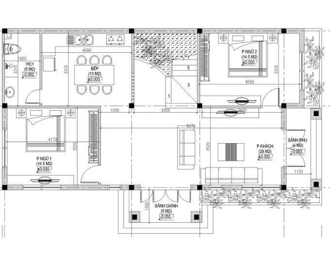 Bản thiết kế chi tiết biệt thự 2 tầng 120m2 căn 4 phòng ngủ
